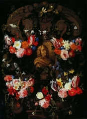 Cartouche with the bust of Nicolas Poussin in the garland of flowers, Daniel Seghers, c. 1650–1651