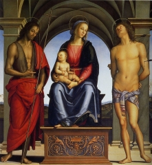 Madonna with Child Enthroned between Saints John the Baptist and Sebastian .