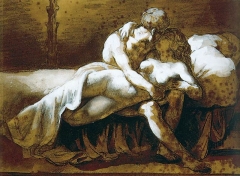 The Kiss, charcoal, sepia wash and white gouache on paper, ca. 1822